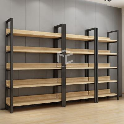 China Easy Install Sample If Single Side Wall Wooden Shelving Storage Display Rack For General Grocery Supermarket Bookstore for sale