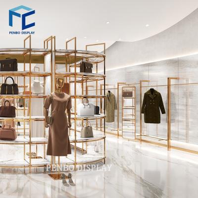 China Guangdong Factory Stainless Steel Clothing Display Racks Display Racks Rose Gold Clothes Stands and Shoe Racks for sale