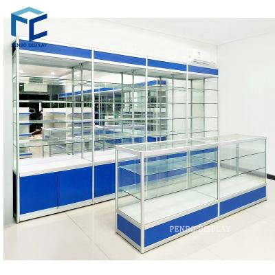 China Supermaerket Display Pharmacy Furniture Wall Mounted Shelves And Counter for sale