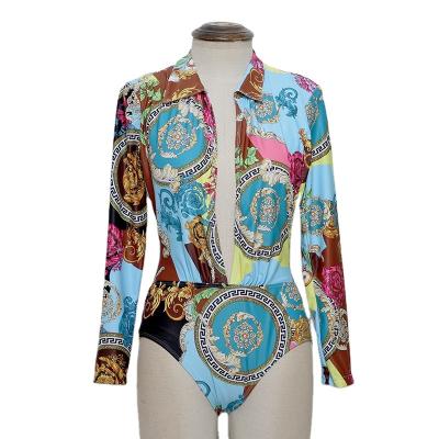 China 2021 One Piece Swimsuit Breathable Long Sleeve Swimwear Women Print Floral Swimwear One Piece Swimsuit Surfing Wear for sale