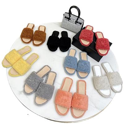 China Cushioning Drop Shipping Designer's Slide Slipper Real Soft Wool Women's Slides Ladies Sheepskin Slippers Wholesale for sale