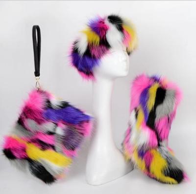 China Women Kid Rainbow Colorful Winter Snow Boots Real Breathable Faux Fur Wholesale Boots Matching Purse And Headband for sale