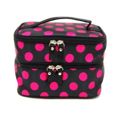 China Double Layer Travel Toiletry Bag Dot Pattern Makeup Storage Organizer With Mirror for sale