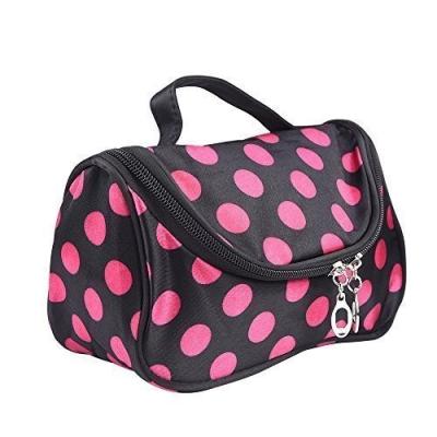 China Women Satin Dot Pattern Cosmetic Bag Travel Toiletry Bag With Dual Zipper for sale