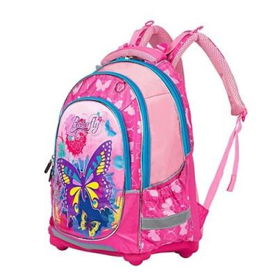 China Pink Butterfly Printing Kid School Bag Nylon Padded Back Panel Student Backpack for sale