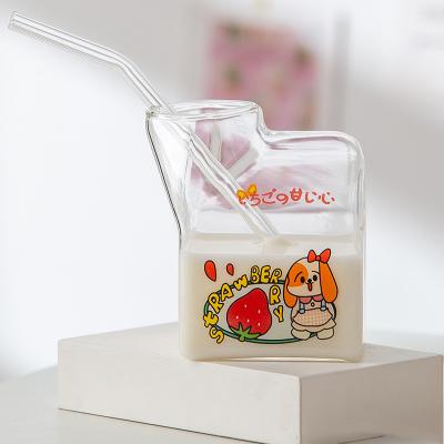 China Beverage Graft Plain Square Shaped Milk Shape Box Reusable Glass Clear Water Cup Bottle for sale