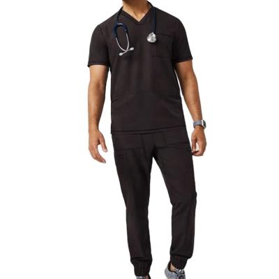 China New Hospital Style Men Scrubs Black Classic Hospitality Uniform Stretch Spandex V-Neck Solid Color Uniform Shirt for sale