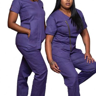 China Wholesale Hospital Plus Size Navy Blue Nurse Uniforms Short Sleeve Women Spandex Scrubs Uniform With Zipper for sale