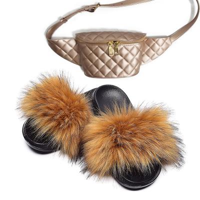 China Fashion Trend Custom Hot Sale Fox Fur Real Slides Colorful Women Slippers Fur Slides And Pussy Pack Set for sale