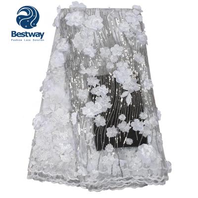 China Sustainable White Bridal African Tulle Beaded Lace Fabrics Textile Sequins Lace Fabric 5 Yards FL0358 for sale