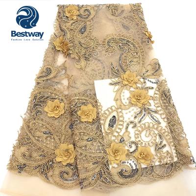 China 2019 Hot Viable Bestway Sale Gold 3D Lace Flower Beaded Embroidery French Tulle Lace Fabric FL2553 for sale