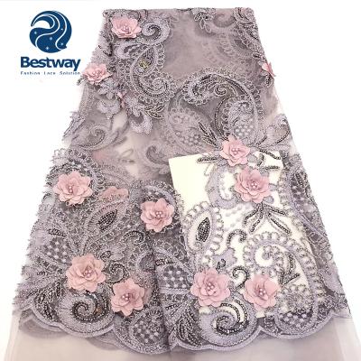 China Bestway Viable Hot Selling Sequin Lace Fabric Dust Pink 3D Lace Up Fabric For Girls' Dresses FL2553 for sale