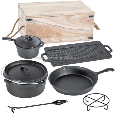 China Sustainable Outdoor Picnic 7pcs Cast Iron Camping Cookware Sets With Pots And Pans for sale