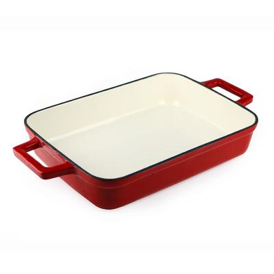 China Durable Deep Roasting Pan Enamel Cast Iron Rectangle Dish Burner Lasagna Cooking Pan Sizzling Dish BBQ with Handles for sale