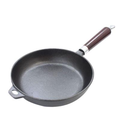 China Pre-Seasoned Non-Stick Round Cast Iron Viable Frying Pan Skillets With Long Cozy Wooden Handles for sale