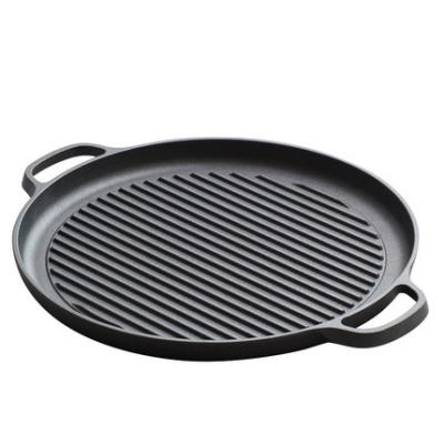 China Large Size Pre-Seasoned Cast Iron Grill Pan Sustainable Round Steak Pan Grills With 2 Metal Handles for sale