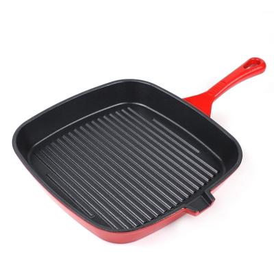 China LFGB Sustainable, BSCI Certified Cast Iron Cookware Red Color Grill Pan Grills Non-Stick Pre-Seasoned Baking Pan for sale