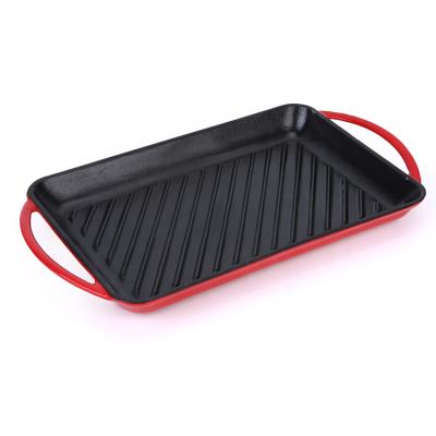 China New viable classic cast iron enamel BBQ grill cookware pan steak pan flat bottom fry pan with handle for cooking for sale