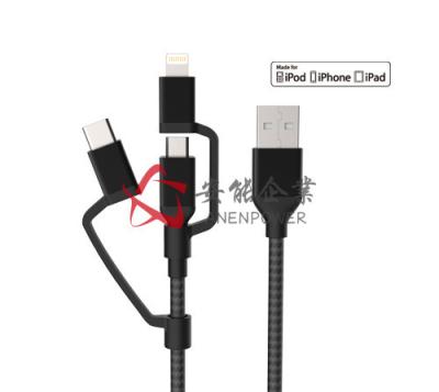 China USB To Micro USB Type - C Lightning 3 In 1 Cable , Charging Data Sync Cable MFI Certified for sale