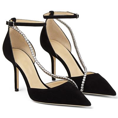 China Height Increasing Heels Black Ankle Strap Pointed Toe High Heel Pumps With Crystal for sale