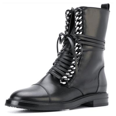 China 2019 new arrival winter women flat lace up flat metal chain lace up short military punk calf boots for sale