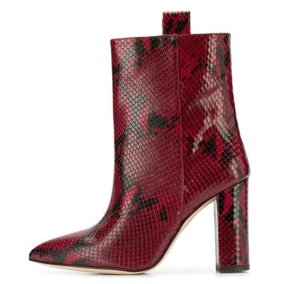 China High Toe Slip On Crescent Size 2019 Women Chunky Heel Snake Printing Ankle Boots for sale