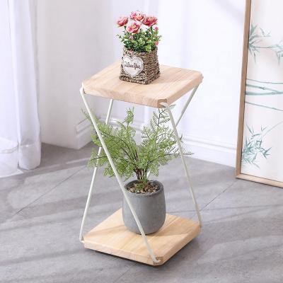 China Balcony Casual Simple Indoor Living Room Wrought Iron Flower Planter Multilayer Wooden Succulent Stand for sale