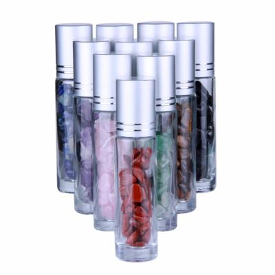 China Gift Natural Semi Precious Stones Essential Oil Gemstone Roll Ball Bottles Clear/Frost Glass 10ml Roll On Perfume Bottle for sale