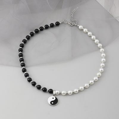 China Bohemia Hip Hop Tai Chi Gossip Necklace Personality Black and White Pearl Pendant for sale