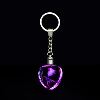 China Wholesale empty promotion gift 2020 k9 LED heart keychains custom 3d crystal laser personalized Rose flower heart key chain crystal for sale