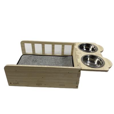 China Customized Sustainable New Design Made Wooden Cat House Pet Bowl Feeder for sale