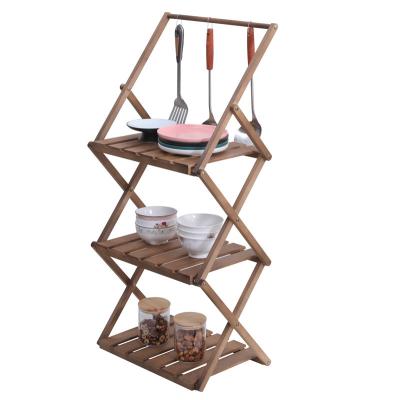 China Outdoor Portable Pine Picnic Camping Solid Wood Rack With Handle Three-Layer Storage Japanese Style Folding Rack for sale