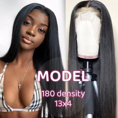 China Virgin 13x4 Density Straight Human Hair HD Transparent Swiss Lace Frontal Wigs 13x4 Straight Natural Color Pre Plucked Lace Front Wig for sale