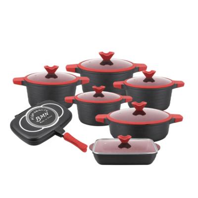 China Sustainable high quality hot sale kitchen cookware set non stick cast aluminum cooking pot set with double grill pan wholesale cookware set for sale