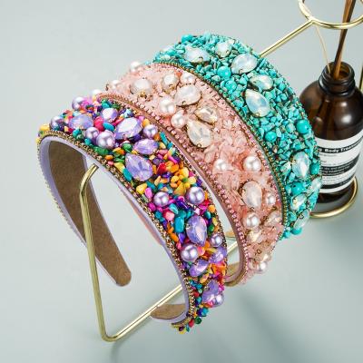 China Custom luxury baroque Diamond Wide Edge Cloth Candy rhinestone design turquoise rhinestone headbands rhinestone headdress colorful for sale