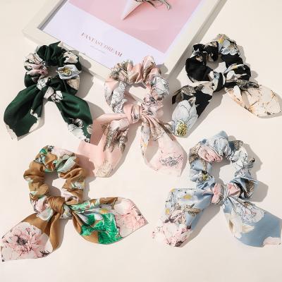 China Bunny Ear Hair Scrunchies Bunny Ear Hair Scrunchies Hair Ornament Satin French Floral Elastic Ribbon Hair Rope Satin Bowknot Elastic Headbands for sale