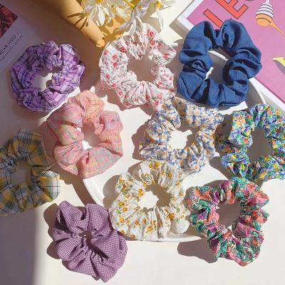 China Super cute fairy soft scrunchies elastic hair accessories plaid floral print plaid hair tie girl hair bands for sale