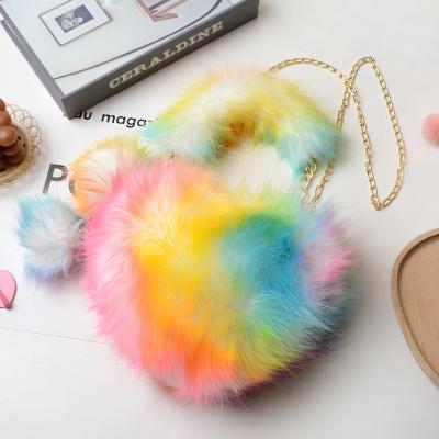 China Lady Lady Autumn Winter Cute Girl Heart Shape Colorful Shoulder Handbag Soft Purse Headband Set Women Fur Purses With Long Metal Chain for sale