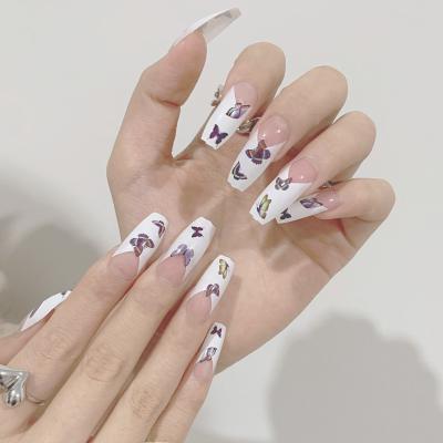 China 2021 Design Long French Ballet Butterfly Hot Sale Coffin Color Full Cover Nail Art Nail Art Correction False Nail Set for sale