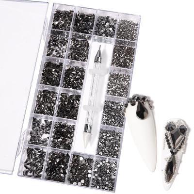 China Easy Apply 2021Crystal Mix Shape Black Fancy Formed In Box Flat Bottom Black Glass Nail Rhinestone Art Decoration Accessories for sale