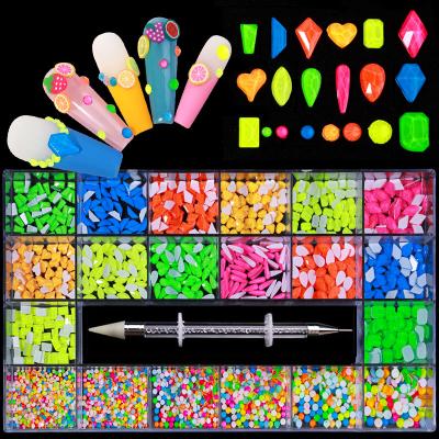 China Easy Apply 2021 Mix Shape Luminous Fluorescent Fancy Shaped In Box Flat Bottom Glass Rhinestone Nail Art Decoration Accessories for sale