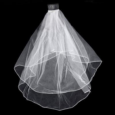 China Double Edge Ribbon White Waterfall Center Bridal Veil With Comb 60cm for sale