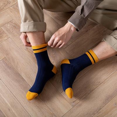 China Sporty men thongs cheap casual business dress fashion personality Harajuku comfortable soft breathable stripe single socks Polyester for sale