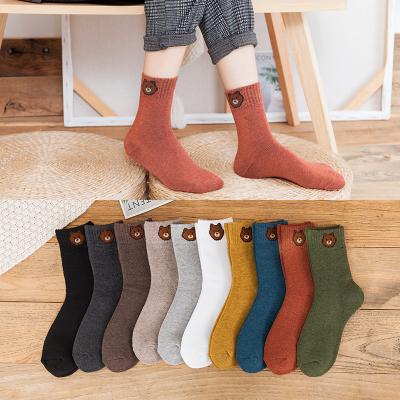 China New Women's Winter Multicolored Harajuku Socks Breathable Warm Fashion Bear Embroidery Color Woolen Retro for sale