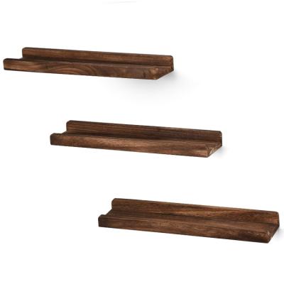 China Stocked Set of 3 Rustic Wooden Floating Wooden Display Rack Wall Mounted Storage Rack Shelf for Bathroom Bedroom Kitchen for sale