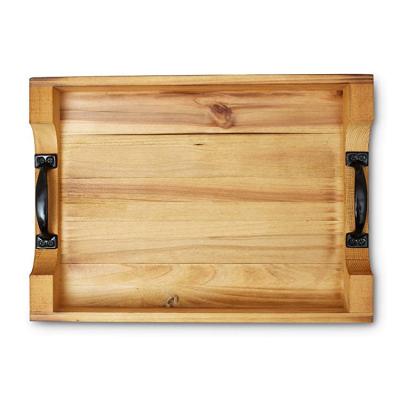 China Eco-friendly Rectangular Living Room Ottoman Tray Decorative Wood Serving Trays Wooden Coffee Table Tray Kitchen With Metal Handles for sale