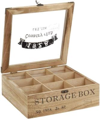 China Environmentally Friendly Multifunctional Natural Material Storage Box Wooden Divided 9 Compartments Wooden Box with Lid and Glass Dividers for sale