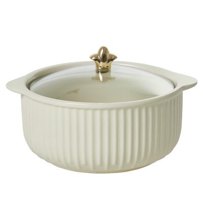 China Disposable Best Quality Dinnerware Sets Luxury Noodle Soup Bowls Product Ideas Double Handle Ceramic With Glass  Lid Modern Salad Bowl for sale