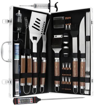 China Easily Cleaned Complete BBQ Accessories in Aluminum Case Wood Handle 24PCS BBQ Tools Set Outdoor Barbecue Grill Utensils for sale