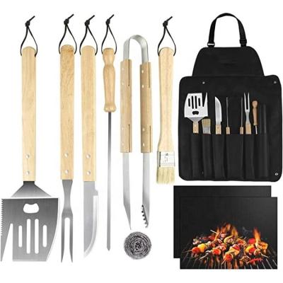 China Easily Cleaned Barbecue Accessory Set Of Stainless Steel 10 Tool Kit With Wood Handle For Man And Dad Ideal Present for sale